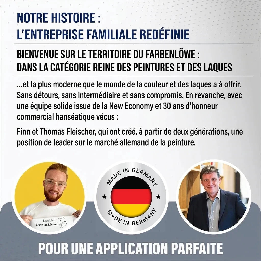Annonce pour Farbenlöwe, entreprise familiale allemande de peinture et laques, soulignant qualité et héritage.