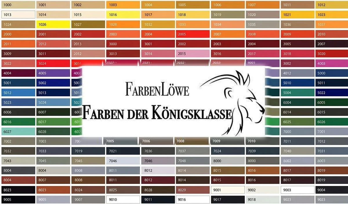 Nuancier de couleurs RAL FarbenLöwe 'Königsklasse' avec codes numériques et logo lion.