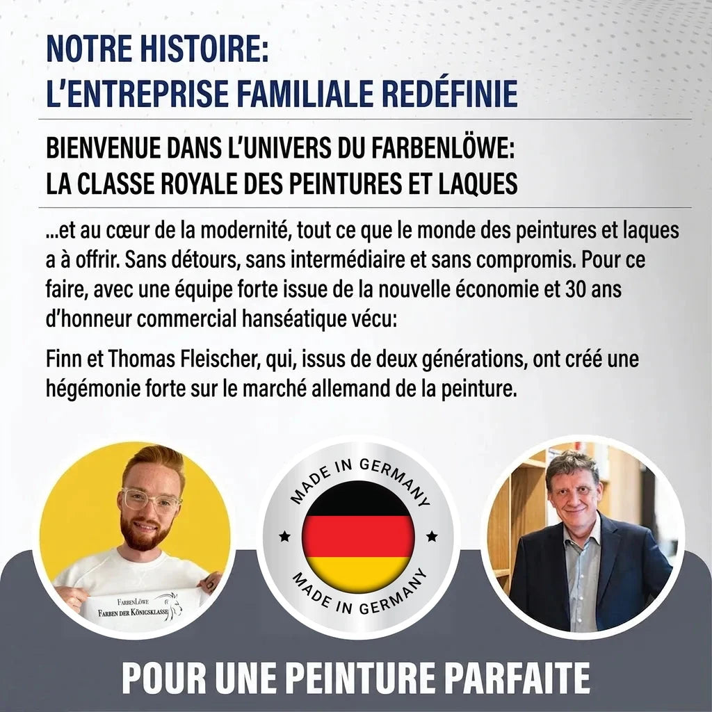 Présentation de l'entreprise familiale allemande Farbenlöwe dans l'industrie de la peinture, avec deux fondateurs.