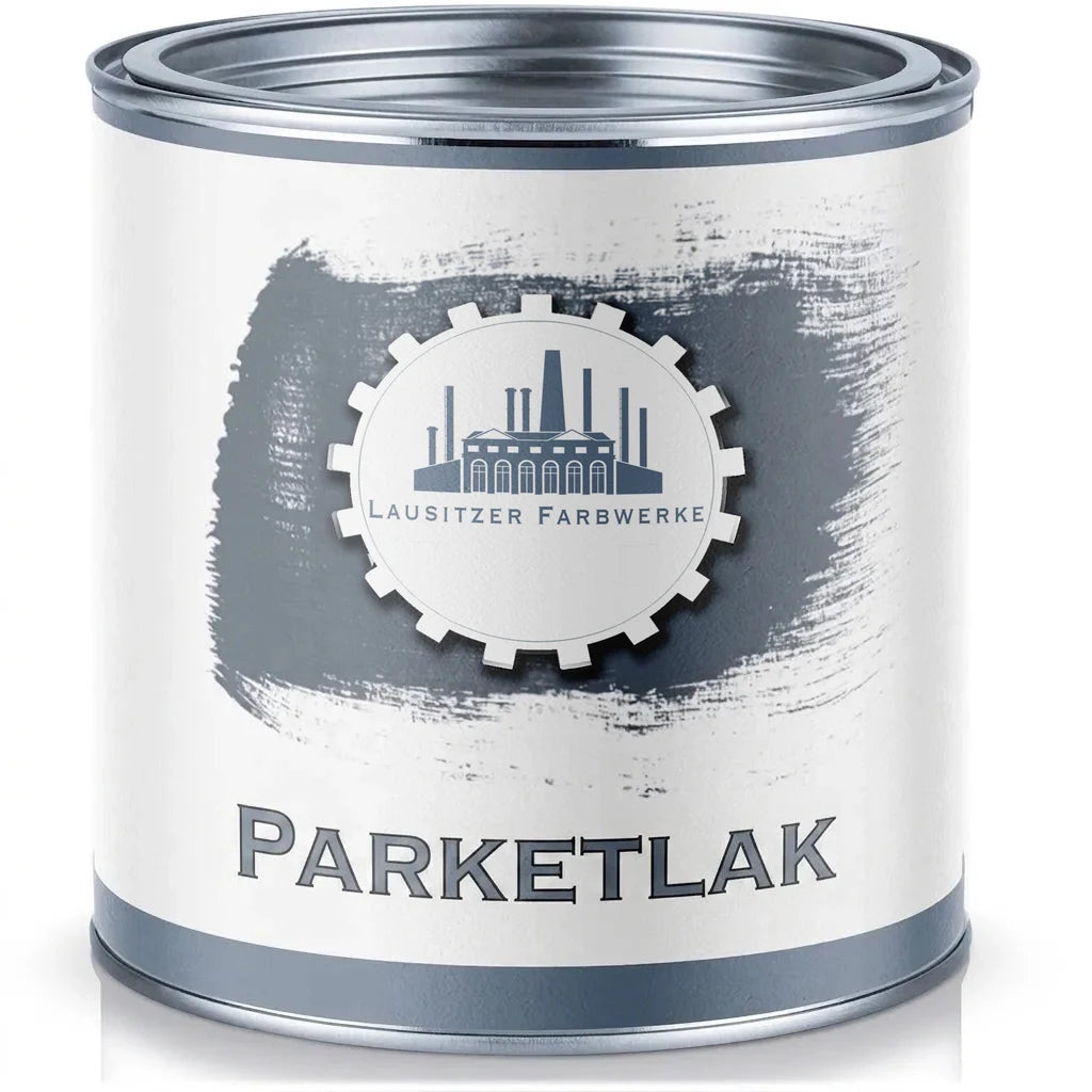 Verfblik met grijze parketlak van Lausitzer Farbwerke.