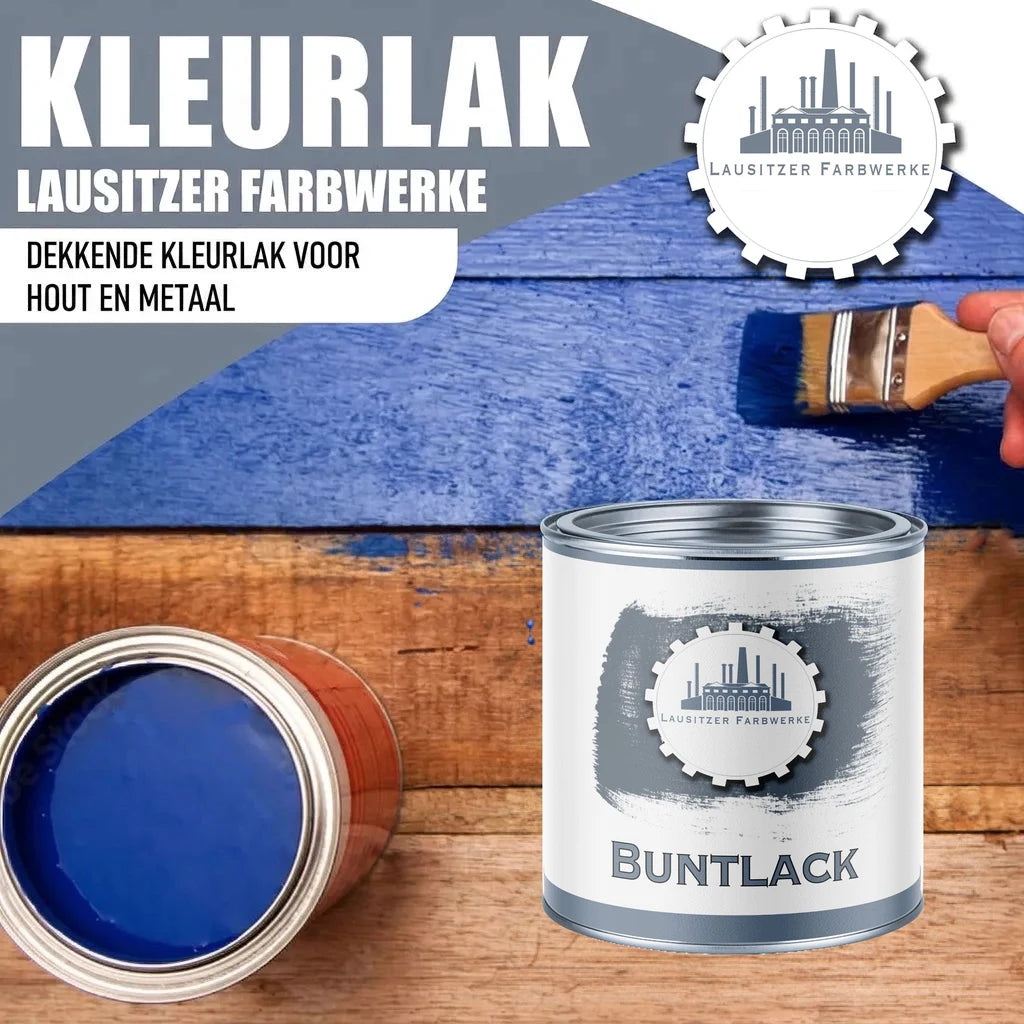 Blauwe verf van Lausitzer Farbwerke, met een kwast die hout schildert en blikken "BUNTLACK".