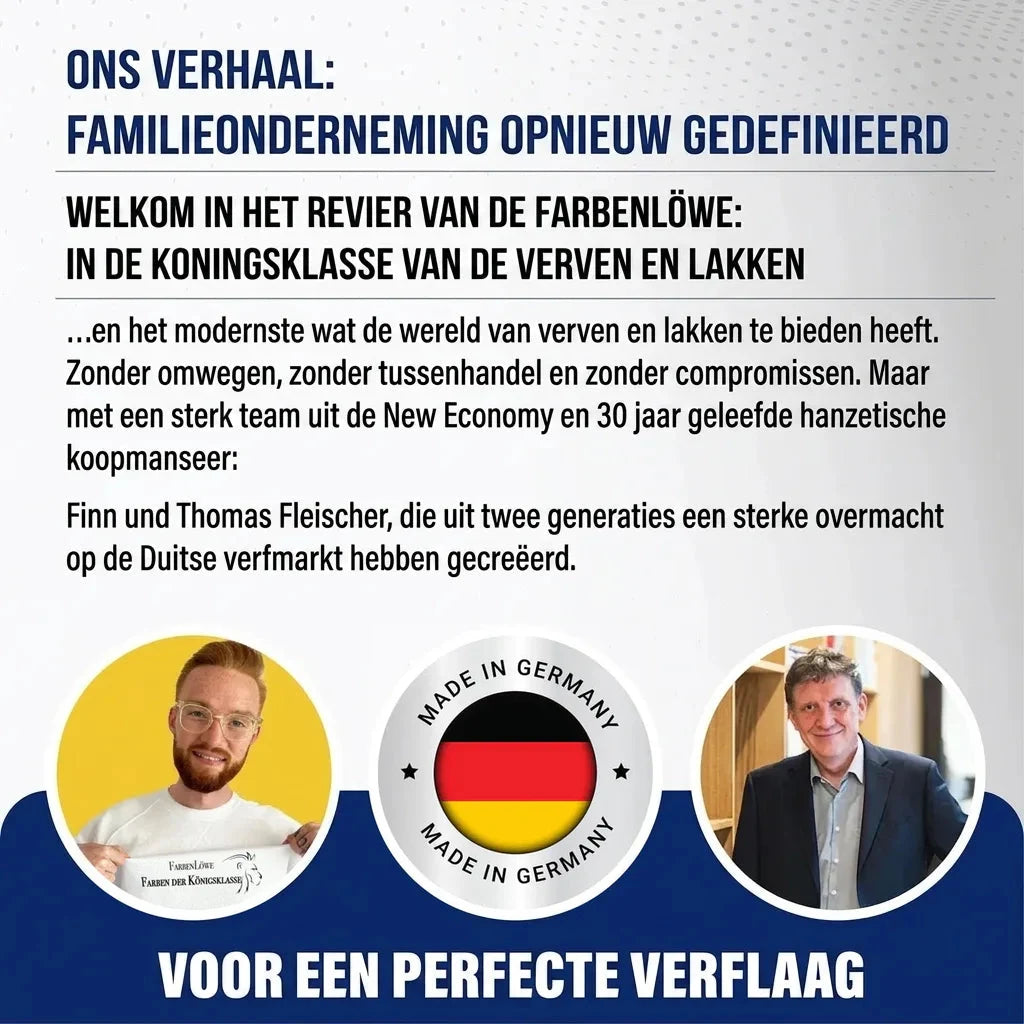 Familiebedrijf dat verf en lak herdefinieert, met foto's van Finn en Thomas Fleischer, en 'Made in Germany'.