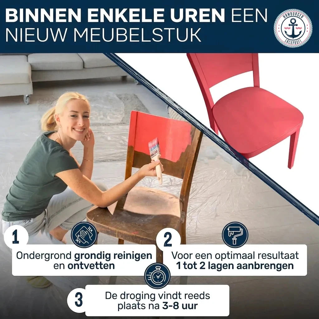 Vrouw schildert oude stoel rood. Handleiding voor het opknappen van meubels: reinigen, 1-2 lagen verf, 3-8 uur drogen.