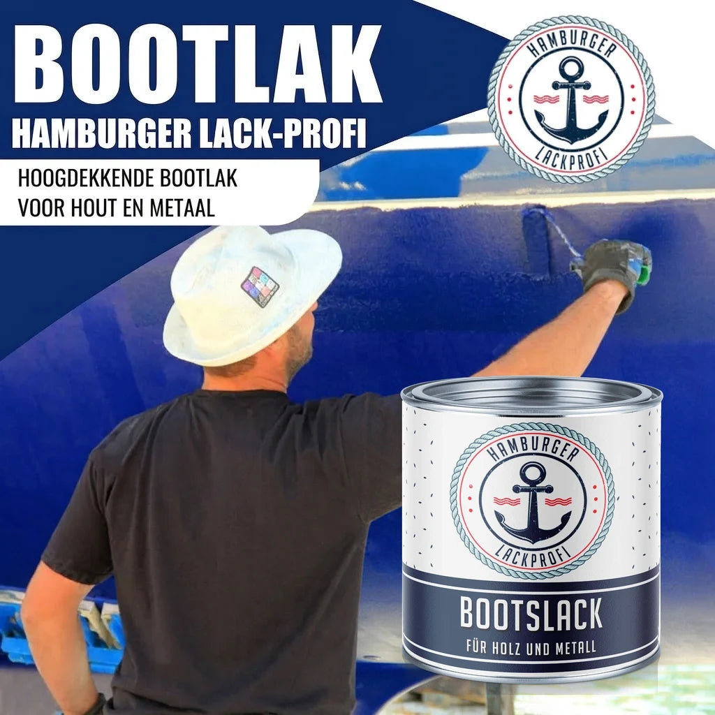 Nieuw Hamburger Lack-Profi bootverf: man verft een boot met hoogdekkende bootlak