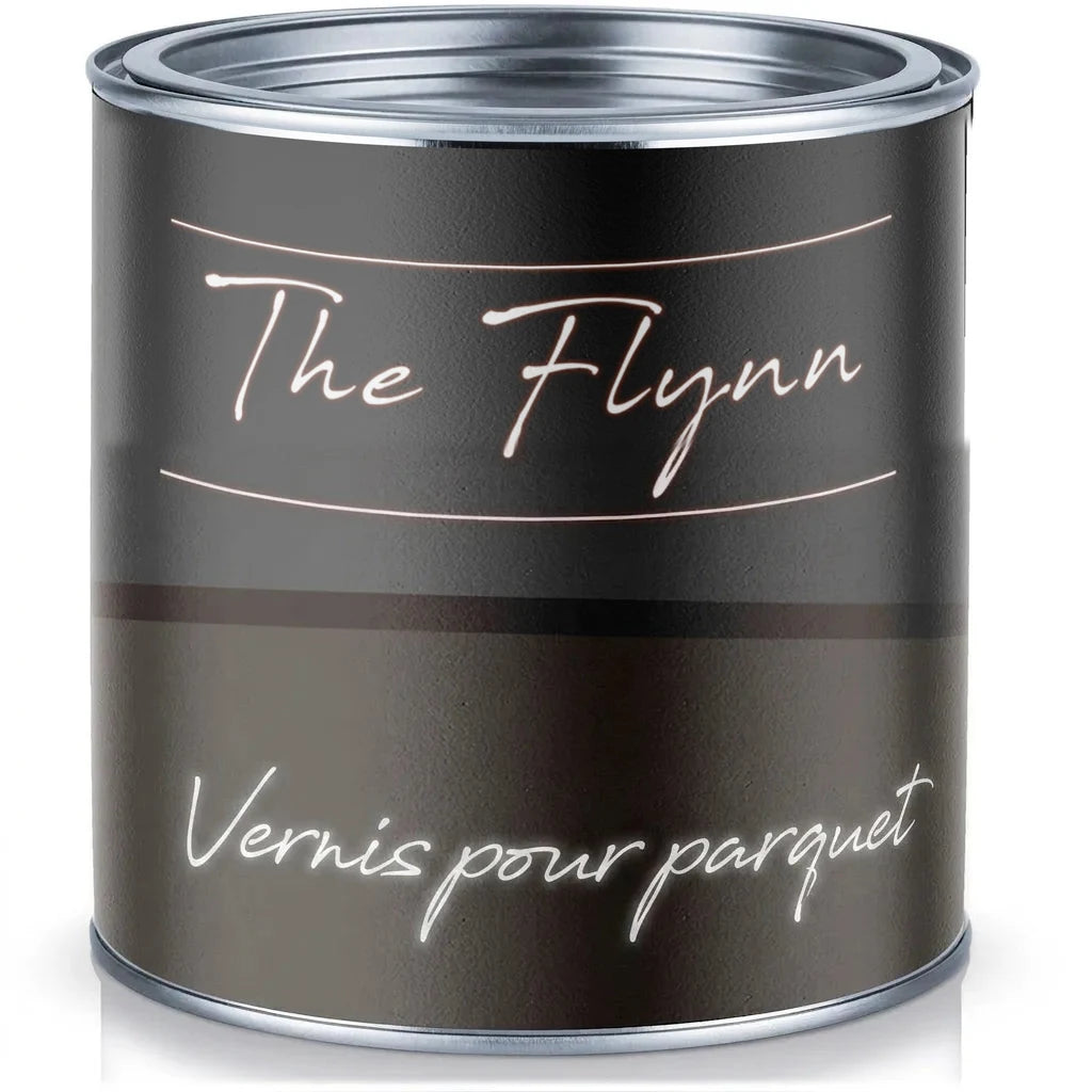 Pot de vernis à parquet 'The Flynn' en métal foncé, avec le texte 'Parkettlack' en allemand.
