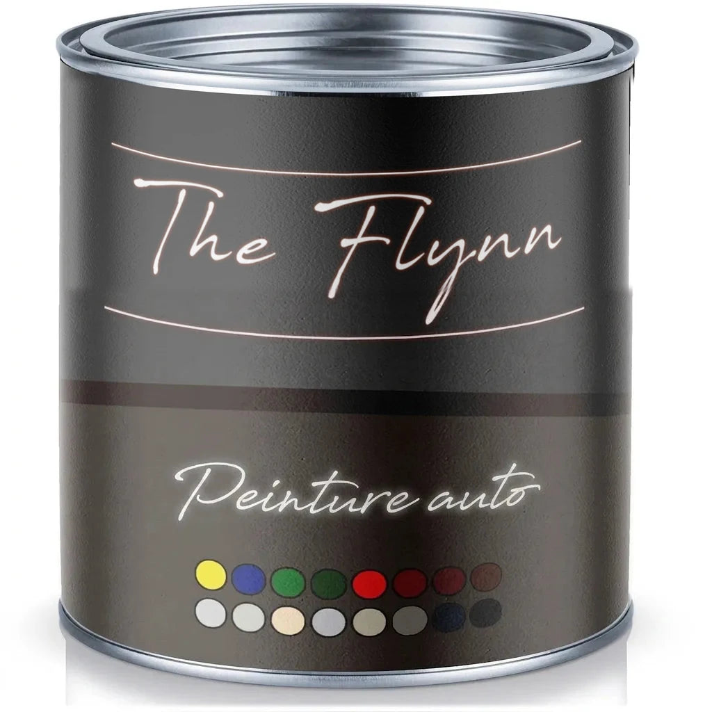 Pot de peinture The Flynn Autolack gris foncé avec couvercle argenté et nuancier de couleurs variées sur l'étiquette.