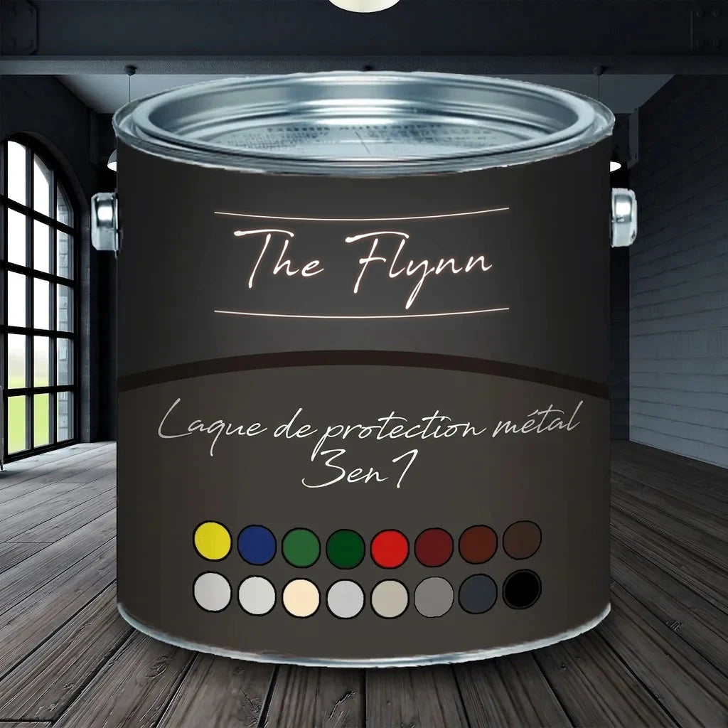 Pot de peinture The Flynn gris foncé, protection métal 3 en 1, avec nuancier de couleurs variées.