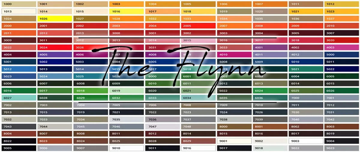 Nuancier de couleurs avec codes numériques, organisés en grille, et le texte stylisé 'The Flynn' en surimpression.