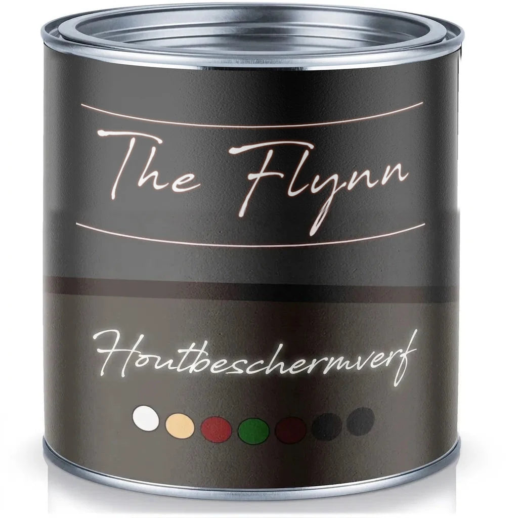 Blik 'The Flynn' houtbeschermingsverf. Diverse kleurstalen: wit, geel, rood, groen, bruin, zwart.